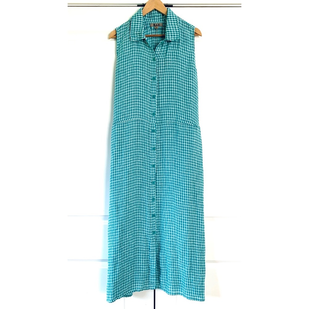 Flax Linen Dress Gingham Shirt Dress Button Front Midi Green Plaid Size Large